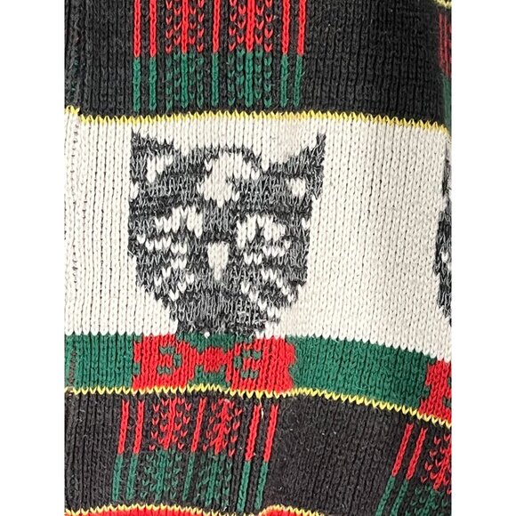 Vintage Knit Christmas Sweater S Cat Plaid Festive Holiday 80s Retro Classic - Picture 5 of 11